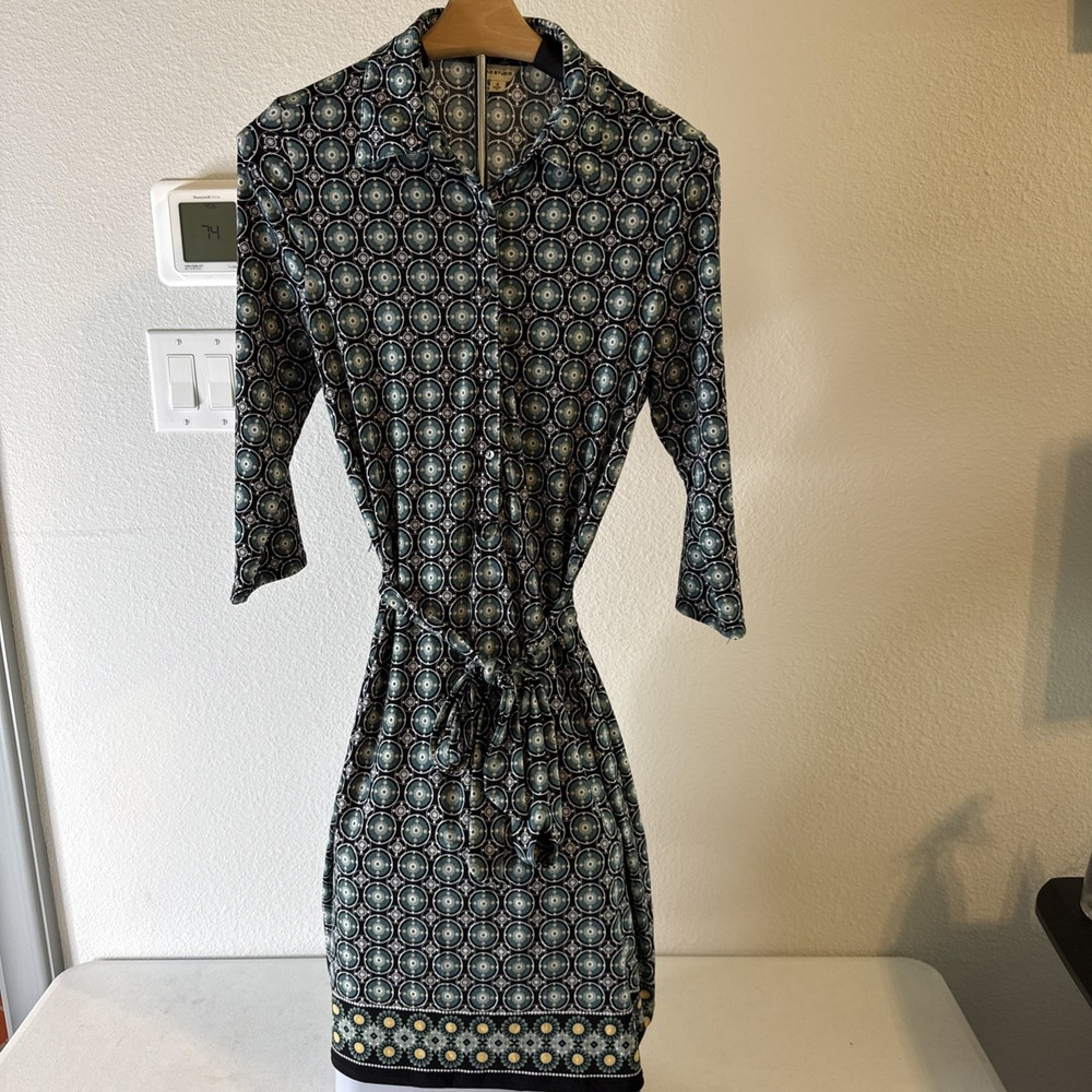 Max Studio Geo Print Button 3/4 Sleeve Belted Shirt Dress‎ Green/Black Size S
